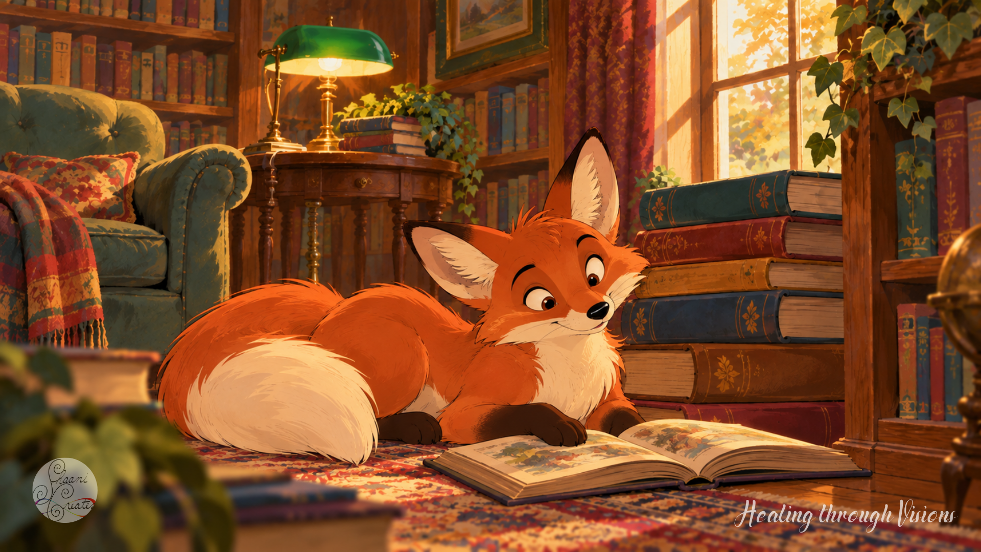 Cartoon red fox rests beside an open book on a patterned rug in a sunlit library with wooden bookshelves and a green reading lamp.