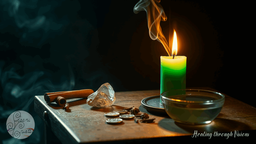 A glowing green candle burns steadily on a dark wooden table, its golden flame sending gentle curls of smoke into the air. Beside it, a clear quartz crystal catches the light, while cinnamon sticks, star anise, cloves, and gold coins rest in a small cluster, each carrying the energy of wealth and expansion. A glass bowl of water reflects the flicker of the flame, anchoring the scene in calm, grounded intention. The atmosphere is rich, warm, and charged with the quiet power of a prosperity ritual in motion.