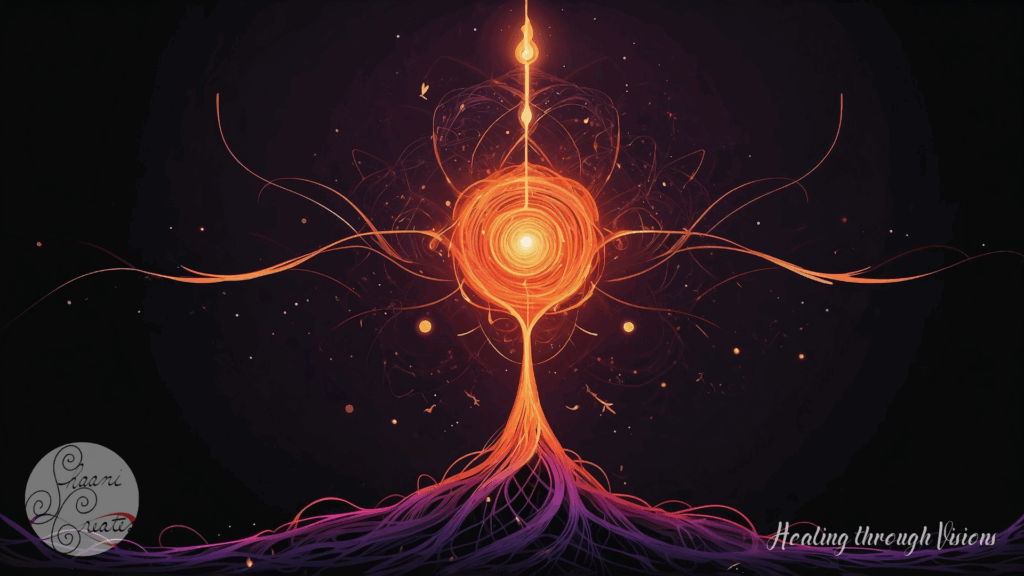 A radiant sphere of orange light pulses at the center of a symmetrical web of fiery energy, rising into a glowing vertical flame while violet roots spiral deep into the dark. This image reflects the essence of Healing through Visions—where intuitive guidance meets energetic recalibration, where clients are witnessed in their becoming, and where transformation flows from both spirit and structure. It captures the sacred balance of Visionary Guidance and Energy Alignment: remembering, releasing, and realigning into your highest self.