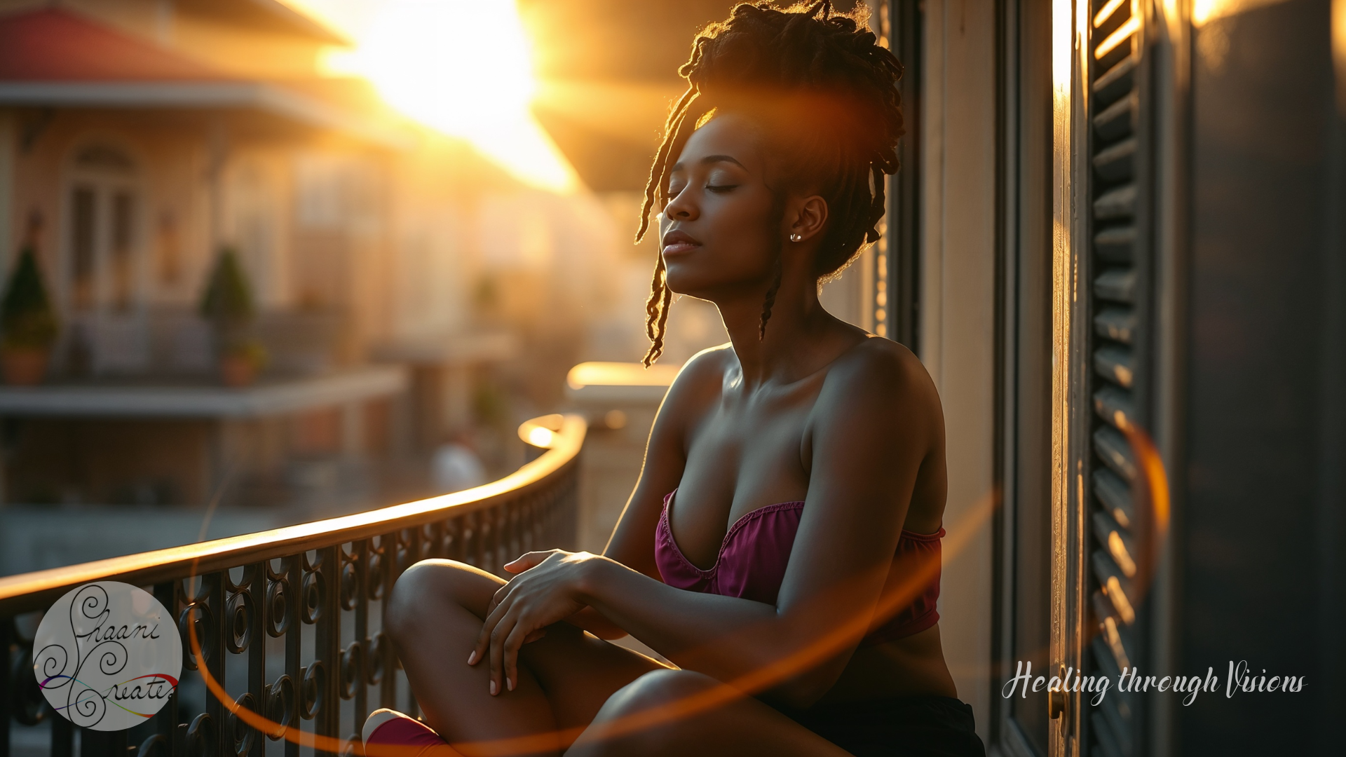 A beautiful Black woman sits cross-legged on a balcony at golden hour, her eyes closed and face softened in serene surrender. Sunlight spills over her skin like liquid honey, casting warm glows across her shoulders and illuminating her locs in strands of gold. Around her, soft ribbons of amber, rose, and violet light swirl like an aura, shimmering with quiet magic. The air feels thick with peace, as if time has slowed to honor her presence. She is fully in her body, grounded in her truth, and open to the guidance of her inner knowing.