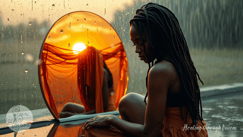 A Black woman with long locs sits in quiet reflection before a glowing amber mirror, surrounded by gentle rainfall. Her orange skirt and the golden hues of the setting sun contrast against the gray softness of the storm behind her. She leans forward, grounded and open, her fingers tracing the edge of a pool that holds both her reflection and the flicker of light. The image feels suspended between grief and clarity, memory and awakening—a sacred moment of pause where everything begins to shift.