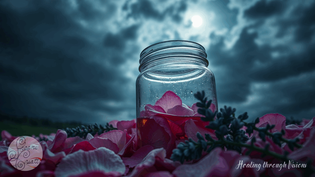 A clear glass jar rests open on a bed of lush pink rose petals and sprigs of lavender, glistening with droplets as if freshly kissed by dew. The night sky looms above, painted in deep indigo and stormy blues, with a luminous Moon peeking through dramatic, swirling clouds. The scene radiates sacred intention, as if the jar is gently catching both moonlight and memory, holding space for quiet magic to unfold.