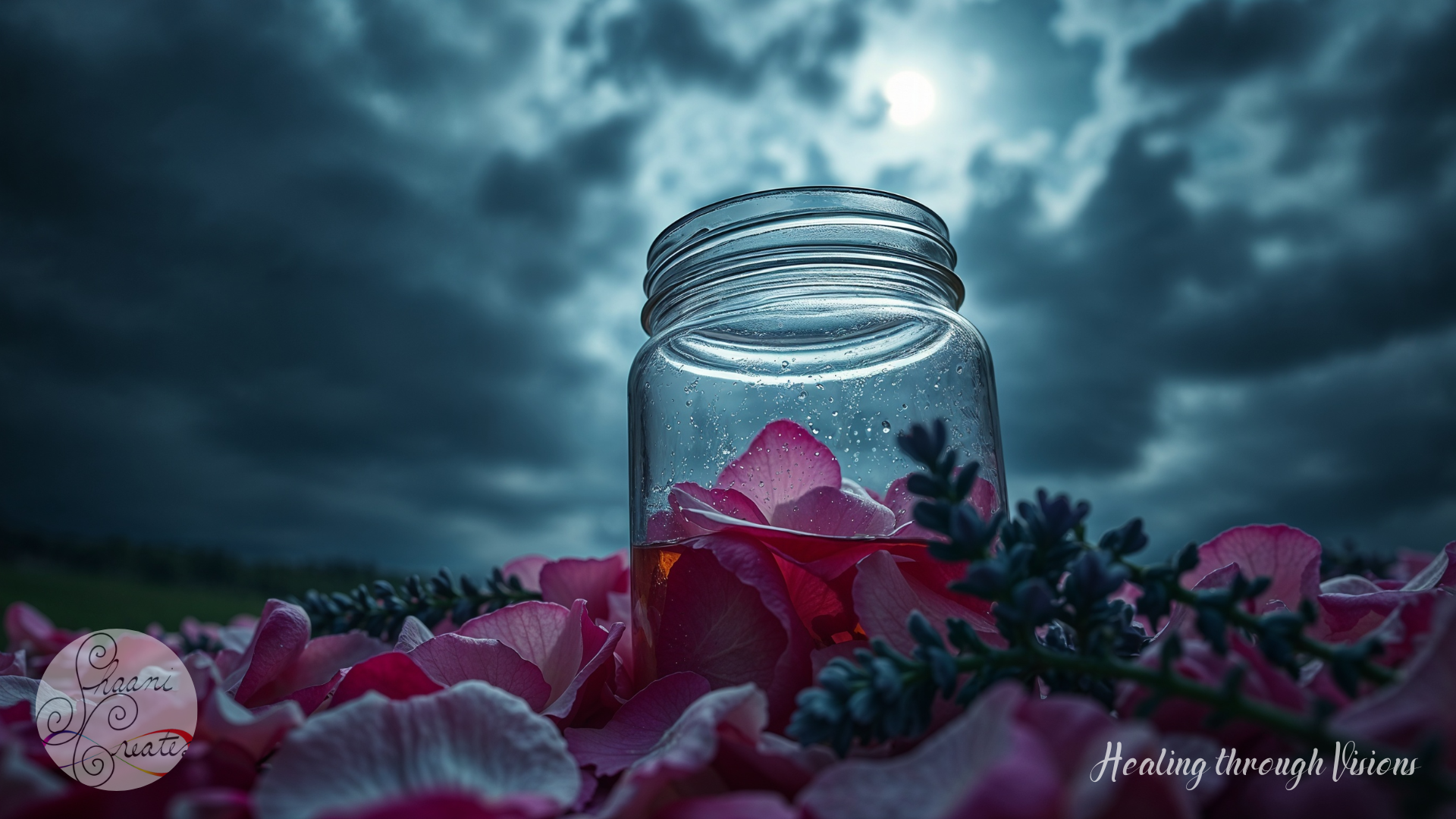 A clear glass jar rests open on a bed of lush pink rose petals and sprigs of lavender, glistening with droplets as if freshly kissed by dew. The night sky looms above, painted in deep indigo and stormy blues, with a luminous Moon peeking through dramatic, swirling clouds. The scene radiates sacred intention, as if the jar is gently catching both moonlight and memory, holding space for quiet magic to unfold.