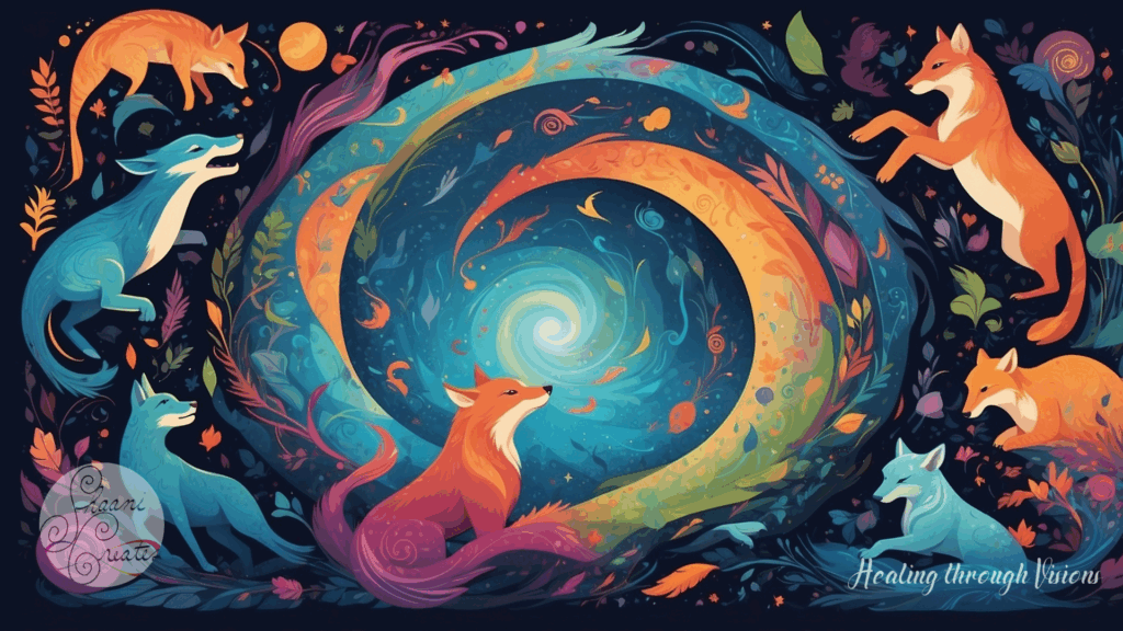 A vibrant, dreamlike spiral swirls at the center of the image, radiating shades of teal, gold, indigo, and coral like a cosmic portal. Surrounding it are multiple foxes—some vivid orange, others cool-toned in blues and purples—each in a unique posture of stillness, motion, or wonder. Leaves, feathers, and fluid patterns dance across the scene, evoking the sacred movement of spirit animals across realms. This visual portal captures the soul of a Spirit Animal Reading: intuitive, alive, and attuned to the wild wisdom that guides us forward.