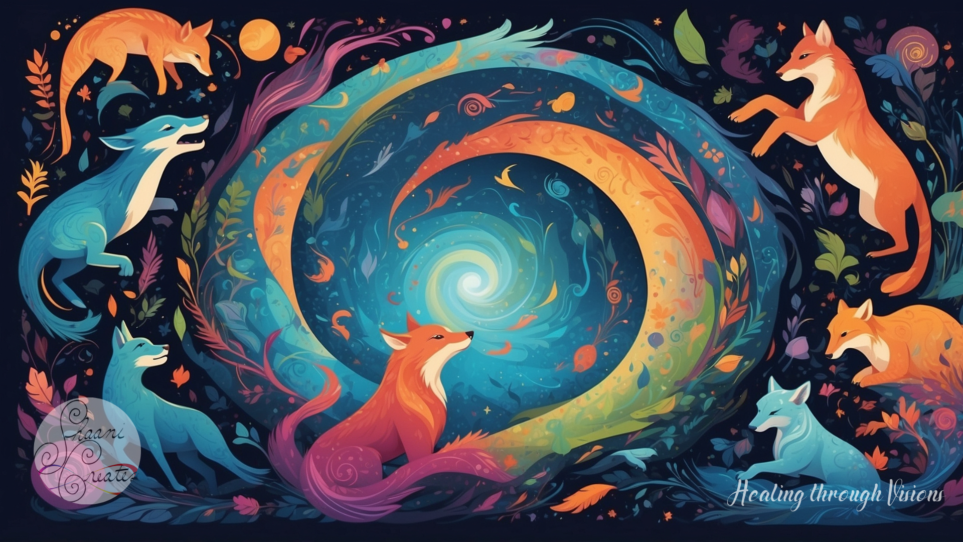 A vibrant, dreamlike spiral swirls at the center of the image, radiating shades of teal, gold, indigo, and coral like a cosmic portal. Surrounding it are multiple foxes—some vivid orange, others cool-toned in blues and purples—each in a unique posture of stillness, motion, or wonder. Leaves, feathers, and fluid patterns dance across the scene, evoking the sacred movement of spirit animals across realms. This visual portal captures the soul of a Spirit Animal Reading: intuitive, alive, and attuned to the wild wisdom that guides us forward.