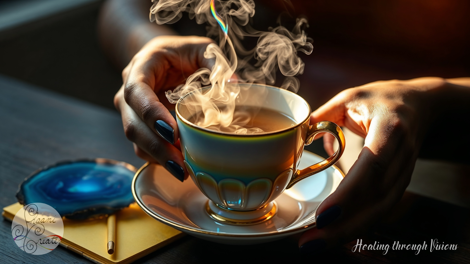 A pair of hands cradle a luminous porcelain teacup, steam rising in soft spirals touched with rainbow light. On the dark wooden table rests a golden yellow notebook, a blue agate slice, and a sleek gold pen—tools of sacred reflection and transmission. The scene glows with quiet focus, inviting clarity, curiosity, and inner dialogue. This is Mercury’s energy made visible: elegant, intentional, and alive with thought.