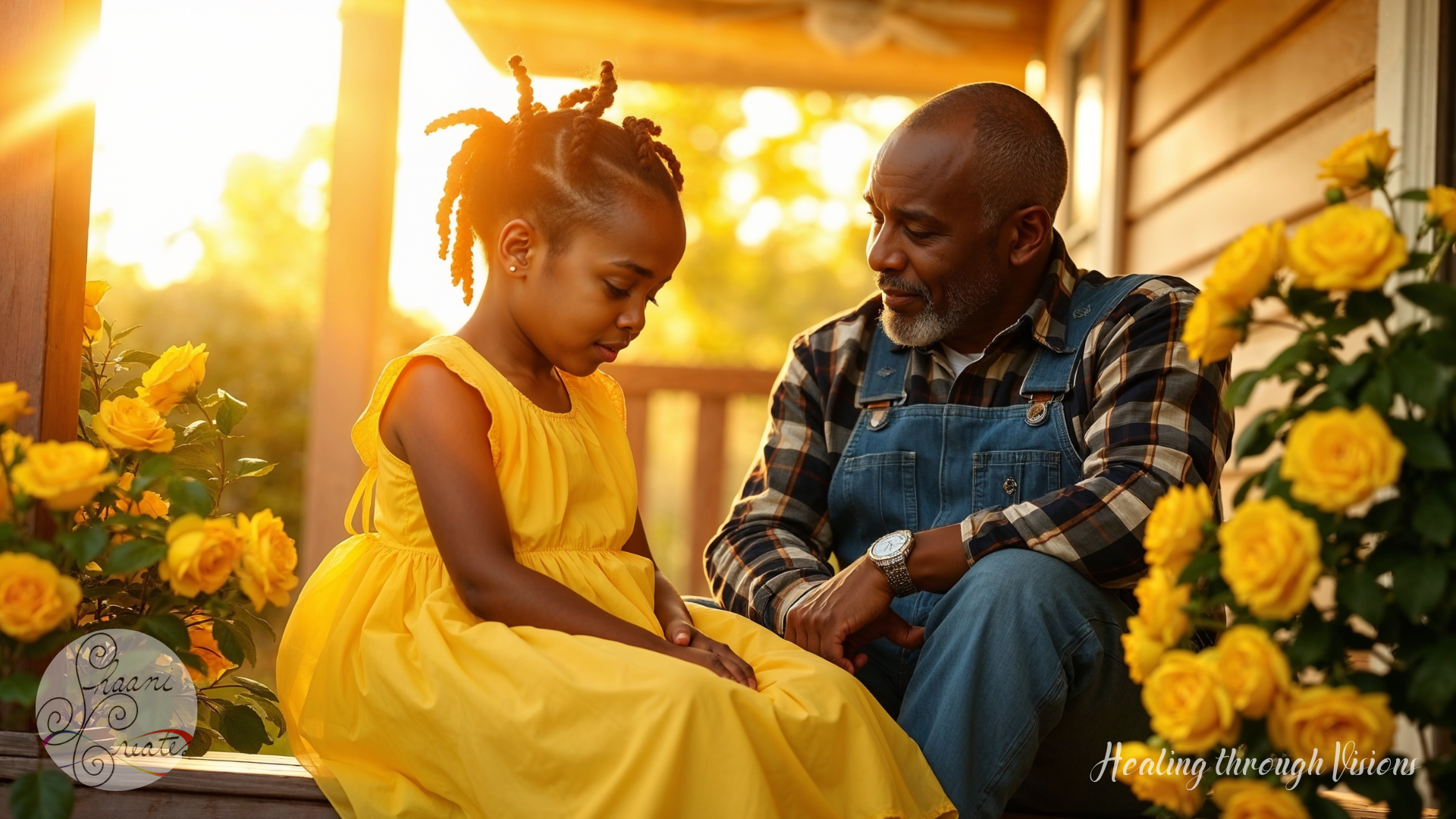 A tender sunrise moment between generations. A young Black girl in a flowing yellow dress sits quietly on a wooden porch, surrounded by blooming yellow rose bushes. Her two-strand twists are styled with care and catching the morning light. She looks down gently, fully present, as her grandfather sits beside her in denim overalls and a plaid flannel shirt. His short curly hair circles a bald crown, and his expression is filled with awe as he watches her take in the beauty of the roses. Warm golden-orange sunlight streams across the scene like ancestral wisdom made visible. The atmosphere radiates safety, love, and wordless affirmation—a quiet exchange of presence where confidence is not taught, but remembered.