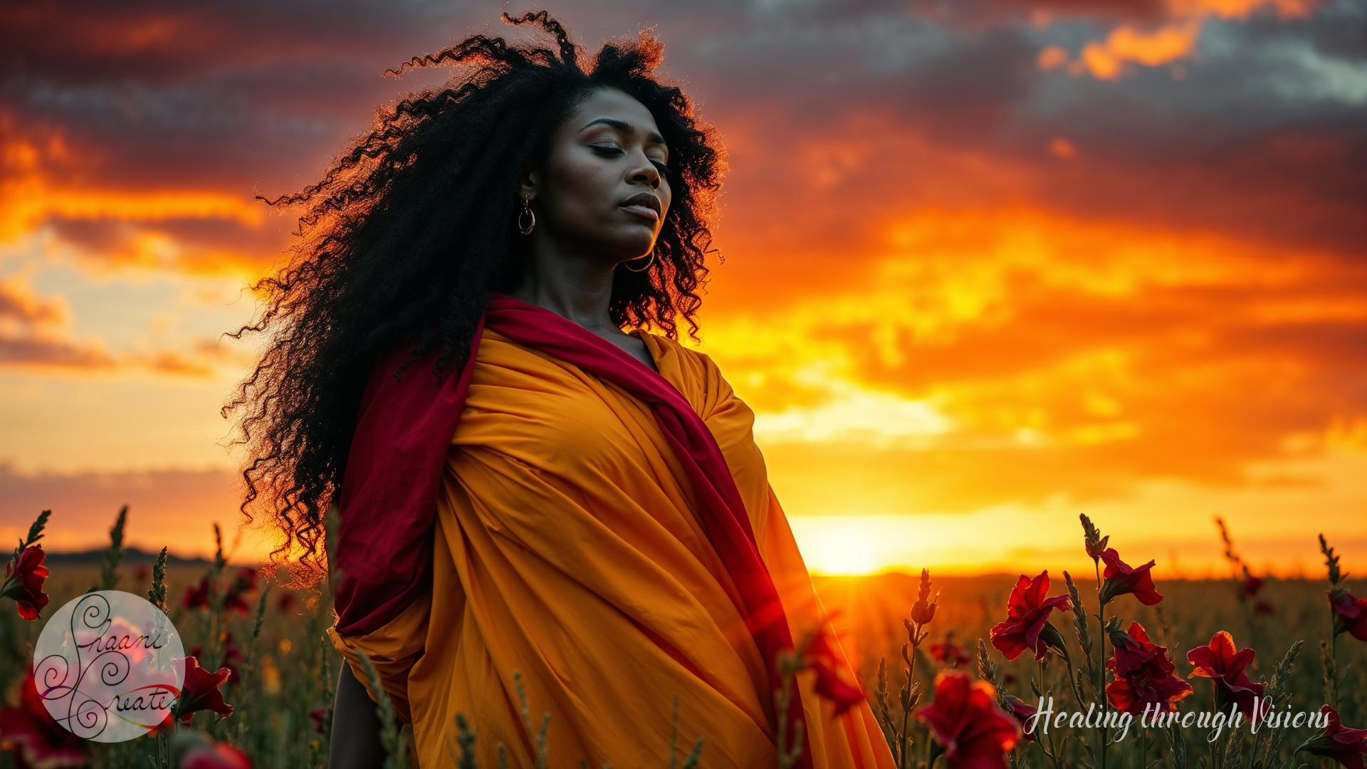 A radiant Black woman stands tall in a glowing field of gladiolus at golden hour, draped in flowing golden and deep red fabric. Her eyes are closed, head tilted gently upward, as if listening to something older than time. Her natural hair rises like a crown of fire—wild, regal, unmistakably Leo. The August sky blazes behind her in streaks of molten orange and indigo, echoing both heat and harvest. Gladiolus blooms sway around her feet like witnesses. She stands in full presence, embodying the sacred tension of August—soft and fierce, still and ignited, a living altar of remembrance and becoming.