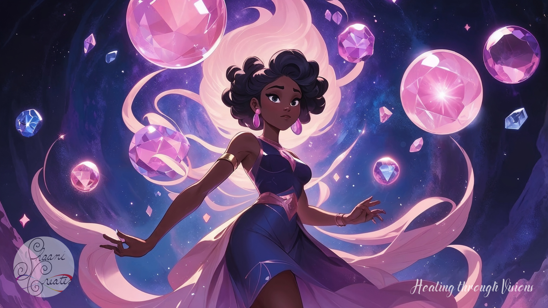 A radiant Black girl stands grounded in the cosmos, her hair rising like a celestial flame of intuition and ancestral power. Drawn in bold vector strokes with animated grace, she wears a flowing dress infused with crystal motifs, her gaze steady and sovereign. Surrounding her, luminous spheres of rose quartz, amethyst, and lapis lazuli orbit in slow, intentional movement—each one pulsing with codes of protection, remembrance, and expansion. The backdrop hums with cosmic indigo and violet hues, hinting at a galactic temple unseen by the ordinary eye. Her presence says: I don’t chase energy—I generate it.