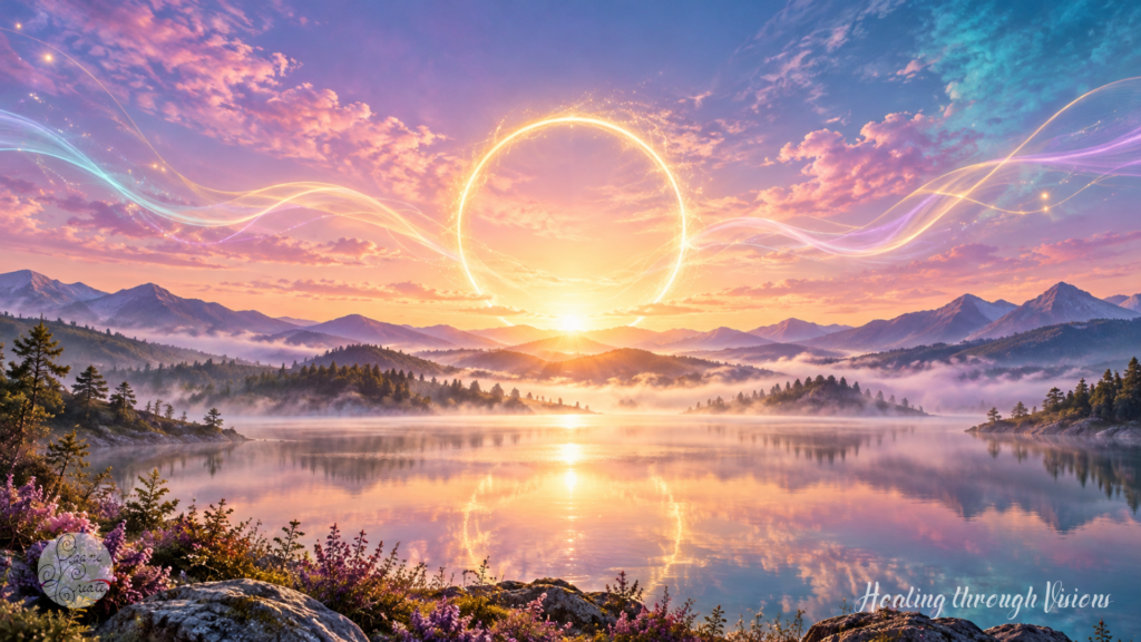 Glowing golden circle above a mountain lake at sunrise with lavender clouds, morning mist and flowing ribbons of light.