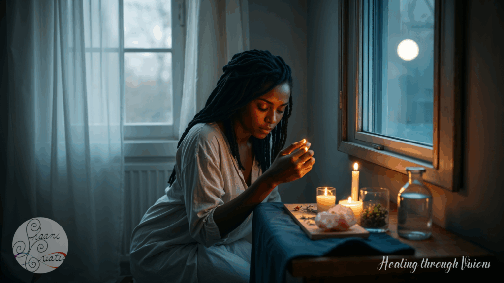 A Black woman with long locs kneels in quiet reverence before a moonlit altar. Wrapped in a soft robe, she lights a candle with focused care, her hands steady, her spirit grounded. Outside the window, the full moon glows like a watchful guardian. On the wooden altar beside her, a rose quartz crystal, small herbs, and a glass of water rest on a deep blue cloth. The soft flicker of candlelight illuminates her profile, casting gentle shadows that feel like ancestral blessings. The room holds a stillness filled with intention, emotion, and sacred remembering.