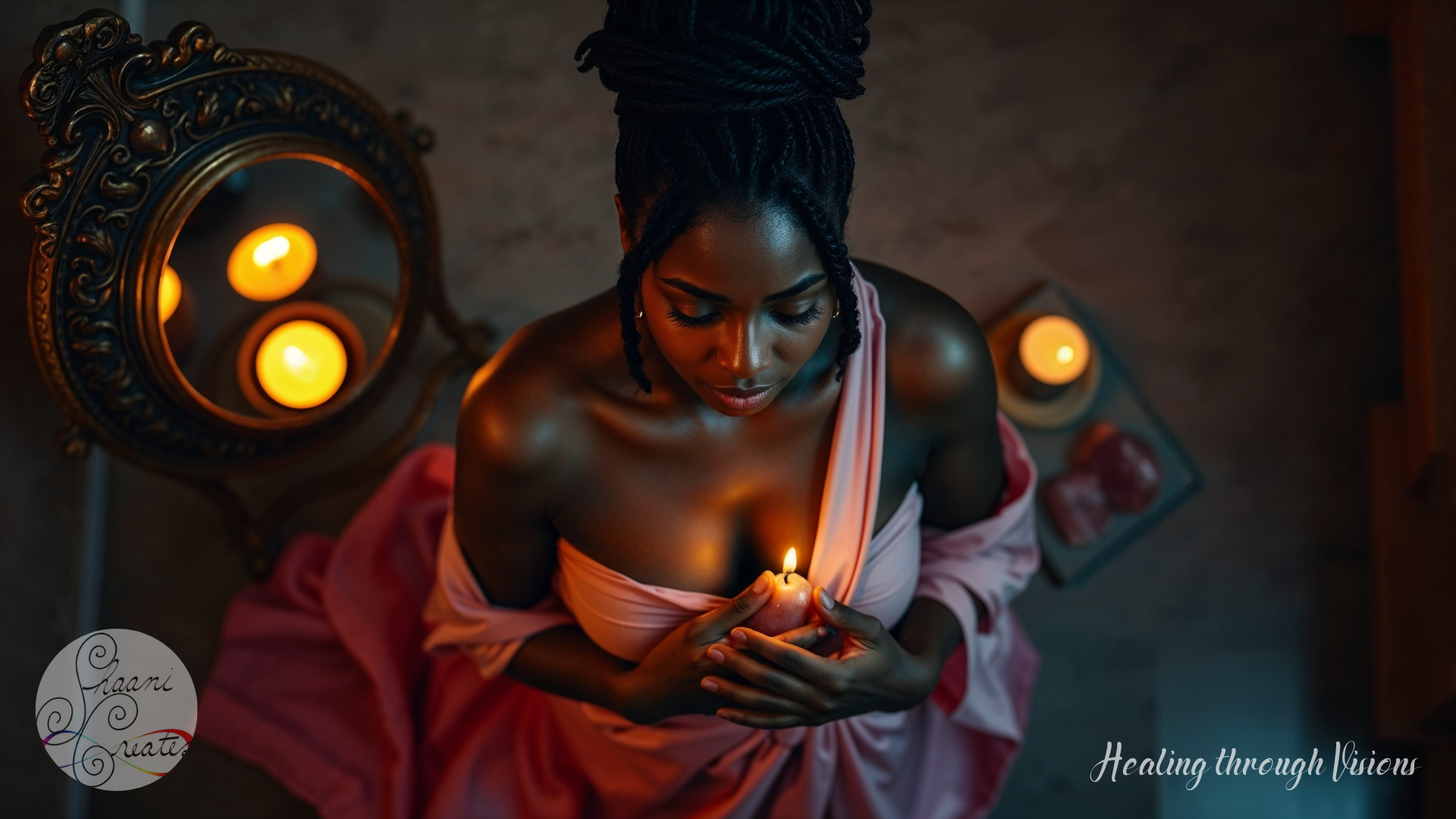 A radiant Black woman kneels gracefully on the floor, wrapped in a flowing blush-pink gown that drapes like rose petals around her. Her eyes are gently closed as she holds a glowing candle to her heart, cradling it with reverence and tender power. Above her, a gilded vintage mirror reflects soft candlelight, creating an aura of sacred intimacy. Around her, rose quartz crystals and flickering votives echo the frequency of Oshun—love, beauty, sensuality, and sacred magnetism. This image captures the essence of Venus Day as a power day—an offering to self, a remembering of worth, and a call to bloom from within.