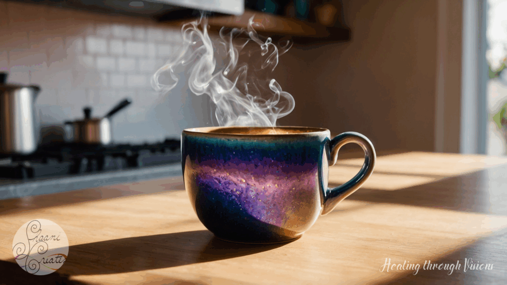 A luminous, galaxy-glazed ceramic mug sits on a sunlit wooden counter, glowing in deep shades of indigo, amethyst, and molten copper. Wisps of steam spiral upward in fluid, ethereal curves, catching the light like spirit breath rising from a sacred brew. The soft morning sun filters through a nearby window, casting a warm golden glow across the surface. In the blurred background, a quiet stove and silver kettle hint at the ritual just completed. The entire scene hums with warmth, presence, and quiet magic—an everyday altar in motion. The words ShaaniCreates and Healing through Visions rest gently in the corners, anchoring this image in sacred purpose.
