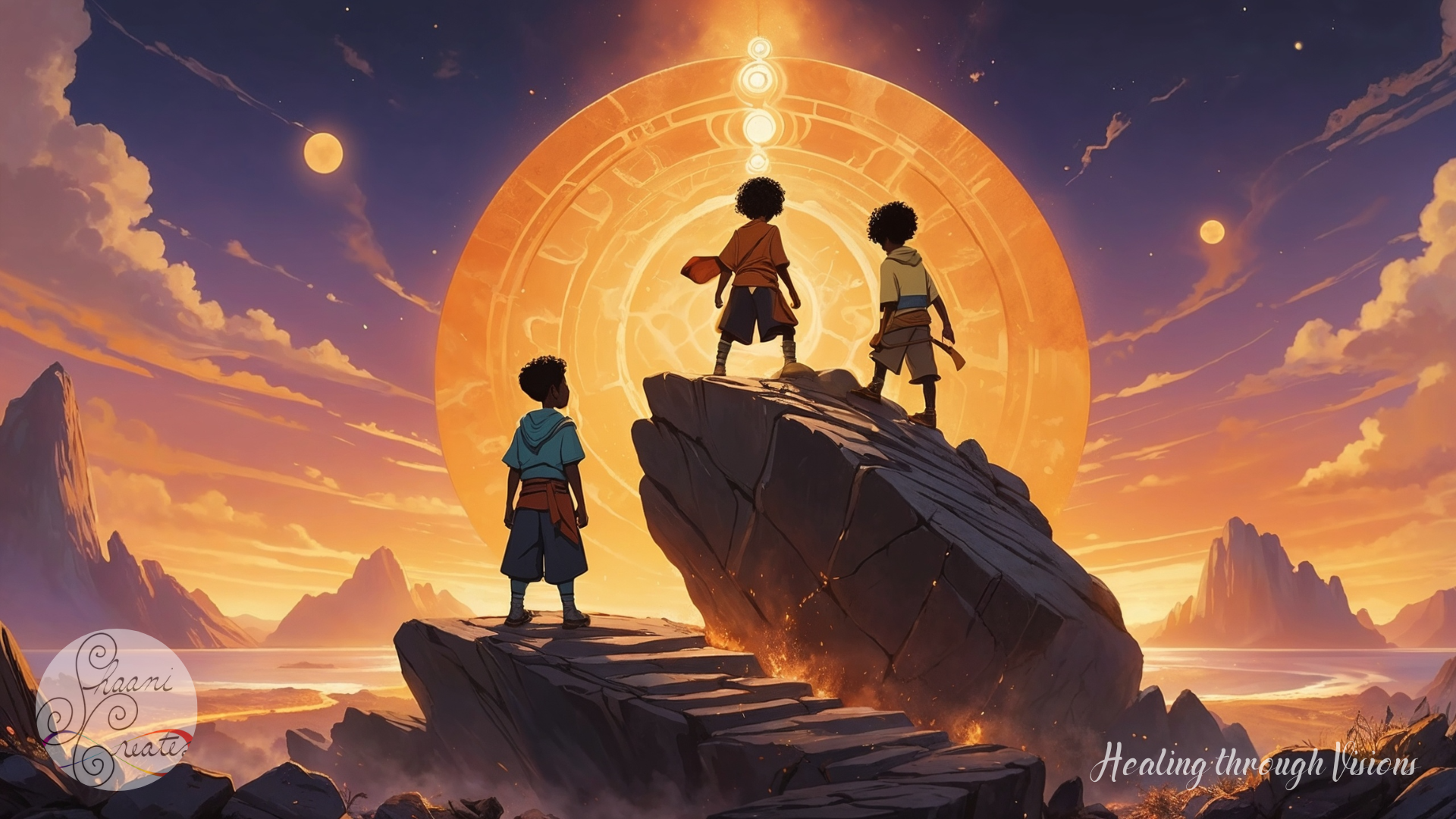 Three Black children stand atop jagged stone terrain at sunset, facing a glowing, sacred sigil that pulses like the heartbeat of the Earth itself. The warm, golden sky bathes the land in ancestral light as cracks in the rock beneath them shimmer faintly, hinting at the power rising from their feet. Each child carries the weight and wonder of remembrance—young Earthbenders awakening to their call as Gridworkers, translating the planet’s unspoken language through grounded presence and raw intention. This is not just training—it is activation. The Earth listens, responds, and reveals itself through them.
