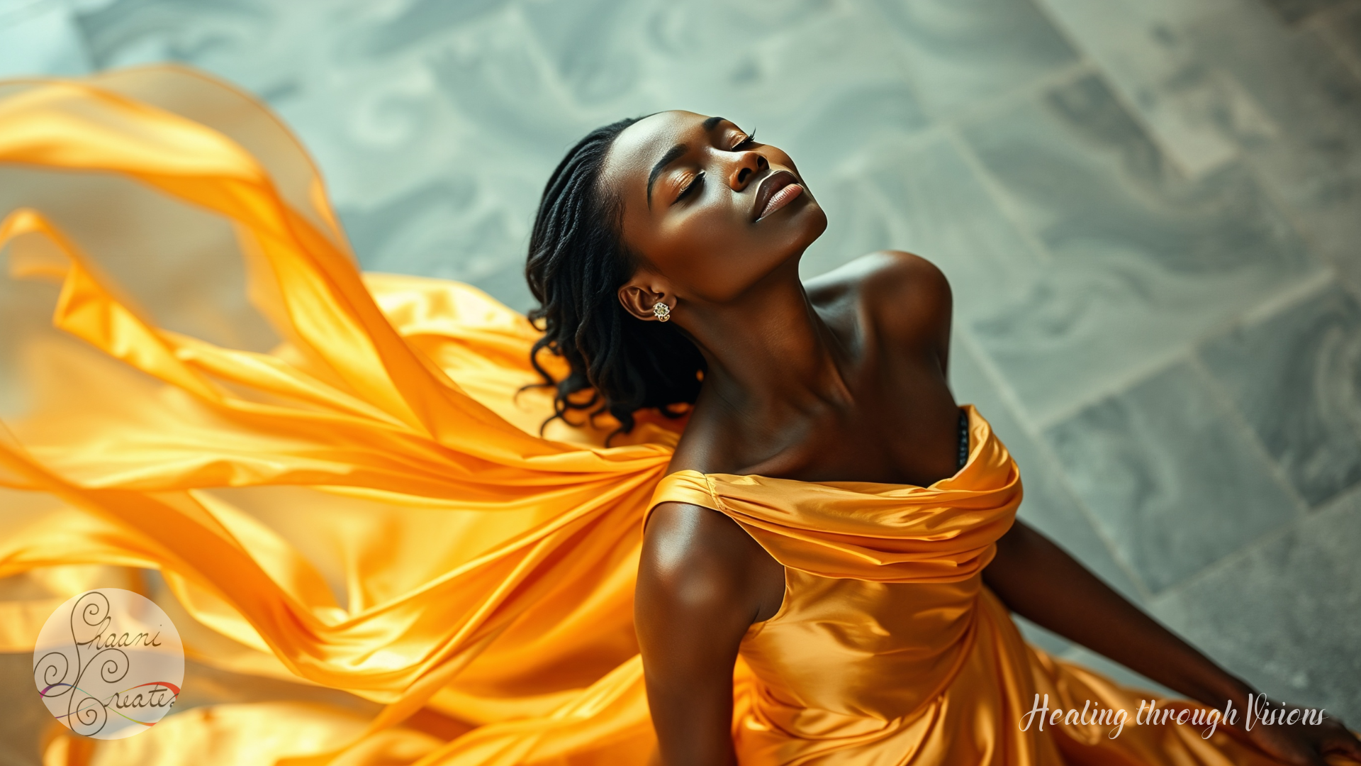 A radiant Black woman in a flowing golden gown kneels in stillness, her head tilted upward in serene surrender. Her eyes remain closed as if listening to a truth deeper than words. The golden fabric around her dances like light, symbolizing abundance, self-worth, and spiritual alignment. Her presence reflects the energy of gratitude made visible—a woman no longer chasing wealth, but embodying it. This image captures the heart of Healing through Visions—where softness meets power, and abundance rises from within.