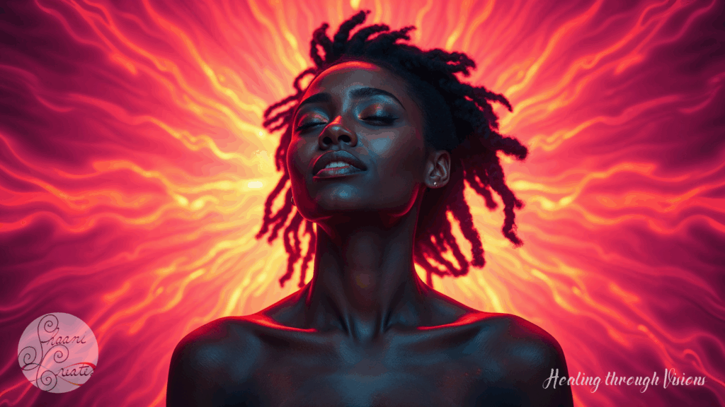 A radiant Black woman with rich brown skin and locs stands in stillness, her eyes closed in peaceful power. Her face glows with celestial grace, as fiery waves of red, orange, and gold spiral behind her like a living solar aura. The light seems to emanate from her very being, blending cosmic energy with embodied presence. Her posture is regal yet relaxed, capturing the sacred moment of planetary integration and inner alignment.