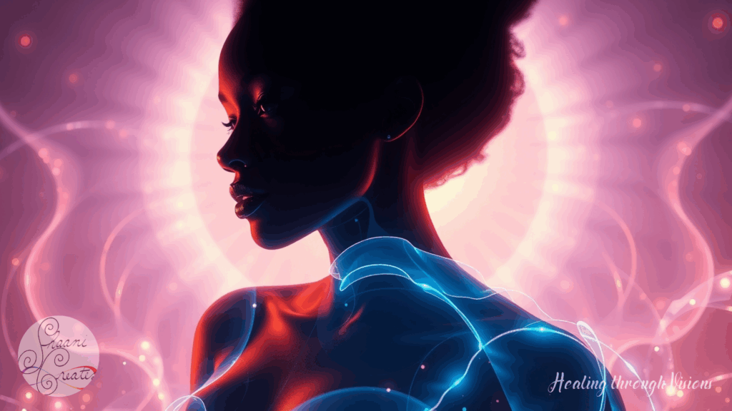 A radiant Black woman stands in serene profile, illuminated by a glowing field of soft pinks and violets. Her skin glows with inner light, and luminous blue energy flows gently across her chest and shoulders, like the currents of universal intelligence moving through her. Behind her, waves of sacred light ripple outward in all directions, forming a halo-like burst of presence. She is still, timeless, whole—a living embodiment of zero point energy and divine remembrance.
