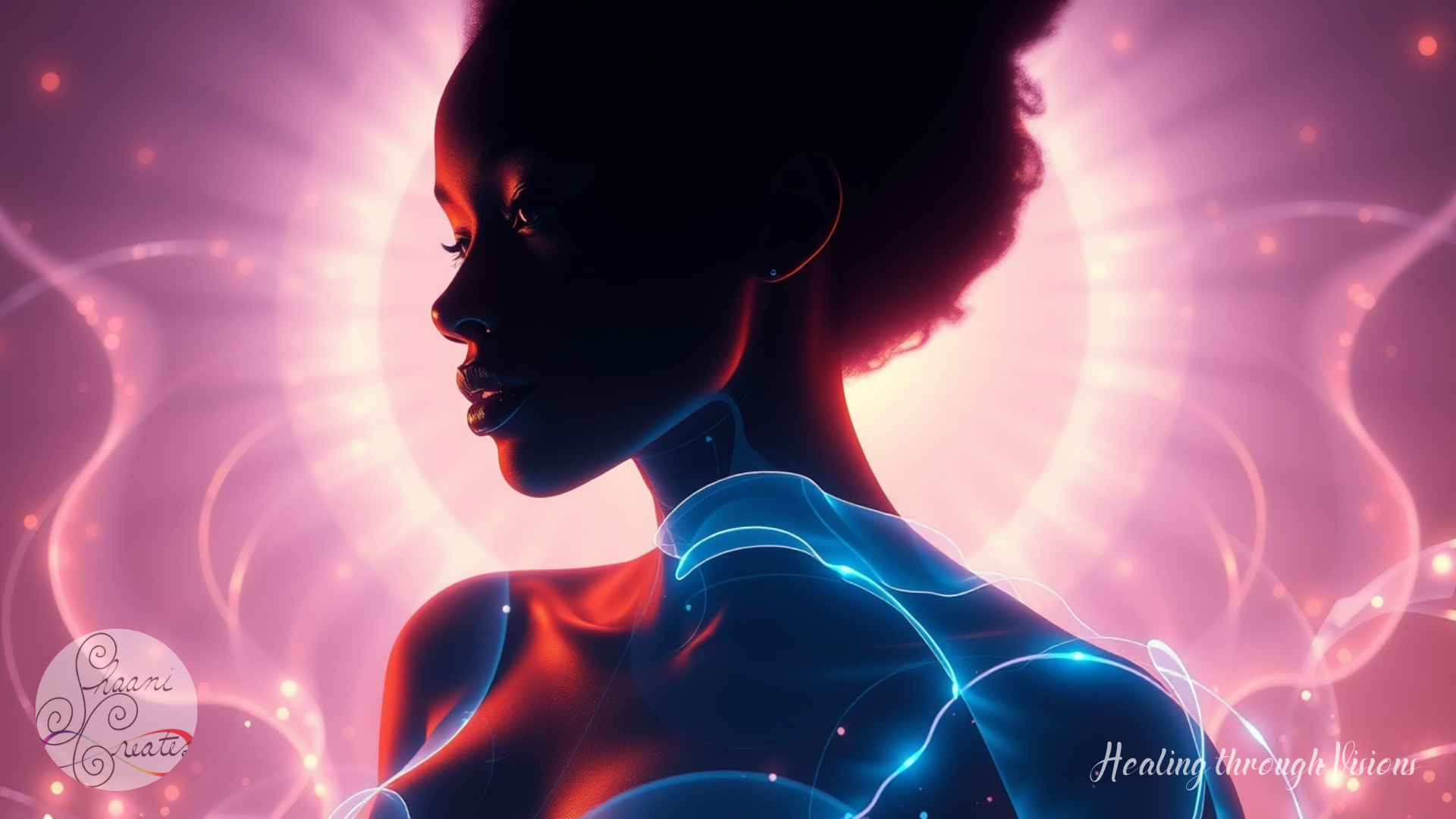 A radiant Black woman stands in serene profile, illuminated by a glowing field of soft pinks and violets. Her skin glows with inner light, and luminous blue energy flows gently across her chest and shoulders, like the currents of universal intelligence moving through her. Behind her, waves of sacred light ripple outward in all directions, forming a halo-like burst of presence. She is still, timeless, whole—a living embodiment of zero point energy and divine remembrance.