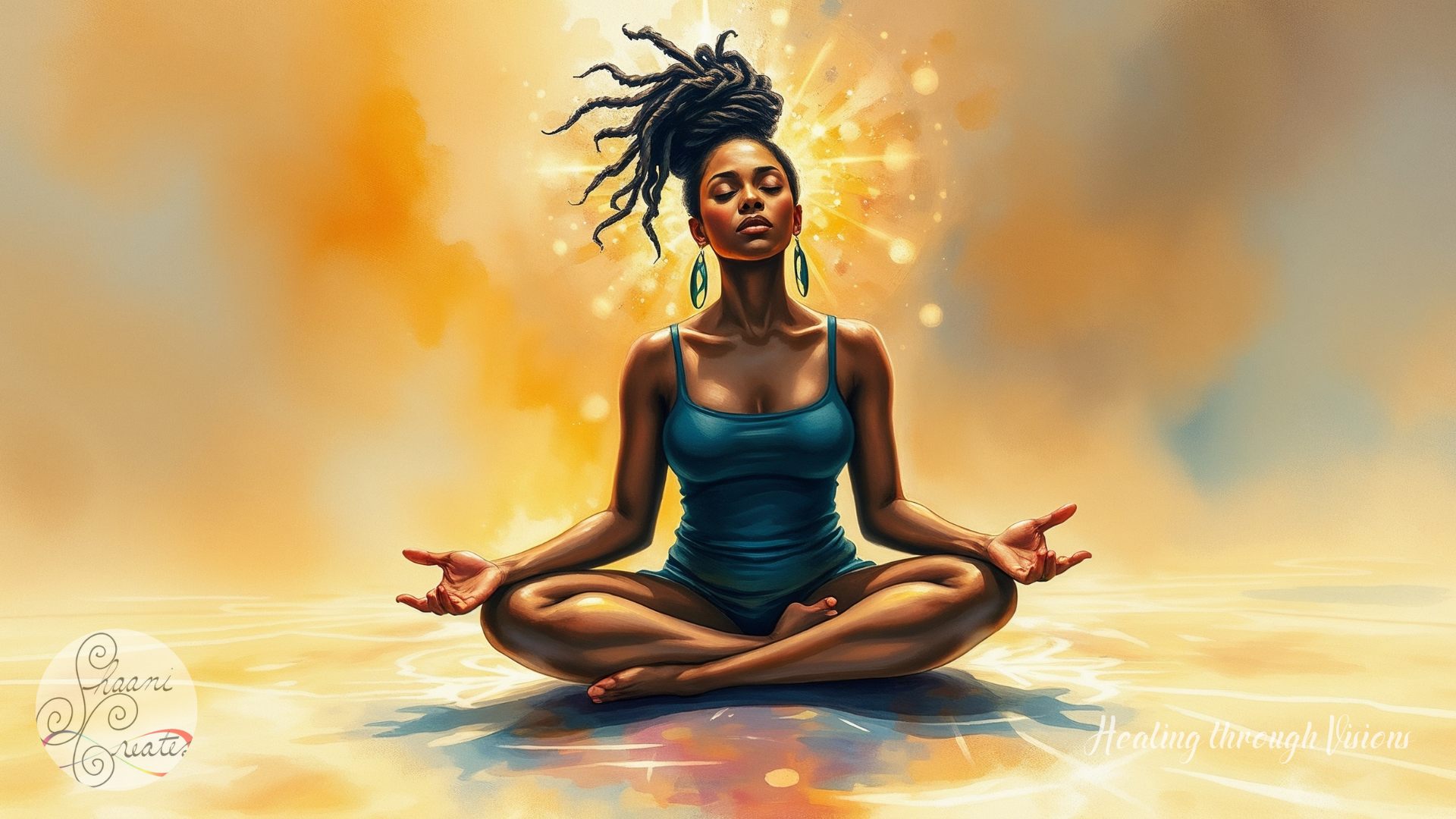 A beautiful Black woman with locs sits cross-legged in meditation, her eyes closed, bathed in soft golden light. Rendered in a watercolor and digital marker hybrid style, the artwork combines fluid, dreamy washes with crisp lines and radiant highlights. Her teal dress and bold earrings complement the warm glow around her, as shimmering orbs radiate from her crown like an awakened sun. She appears calm, grounded, and luminous—an embodiment of sacred presence, divine remembrance, and the spiritual power of stillness. Beneath her, the surface ripples like water, reflecting her energy in soft waves, symbolizing intuitive flow and deep energetic alignment. The image evokes the essence of a spiritual path rooted in self-connection, inner wisdom, and devotion to the unseen.