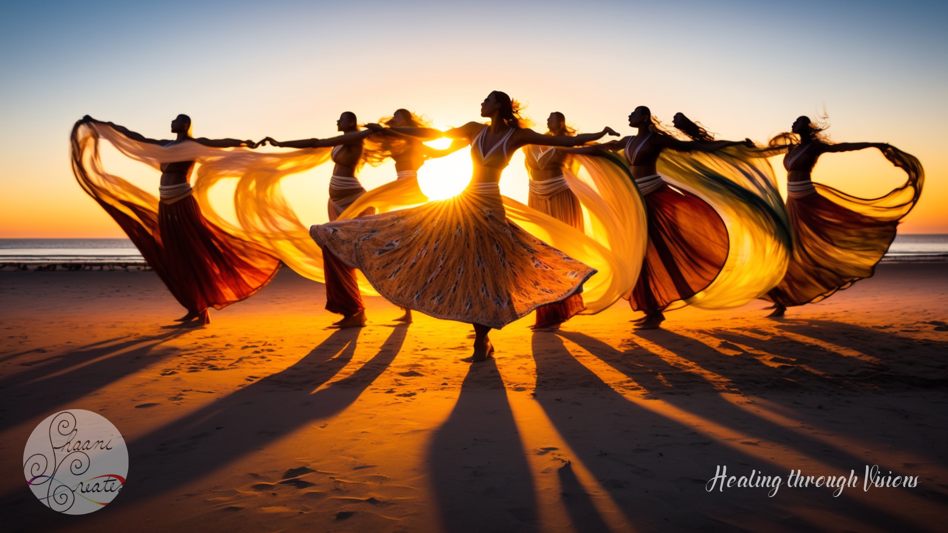 A group of silhouetted dancers moves gracefully on a beach at sunset, their long flowing skirts and translucent shawls catching the golden light. They stand hand in hand, forming a radiant circle as the sun shines through the fabric, creating a luminous halo around them. The deep orange and gold hues of the setting sun cast long shadows across the sand, evoking a sense of unity, freedom, and spiritual transformation. The scene captures the beauty of movement, connection, and the embrace of change, perfectly reflecting the themes of the Healing through Visions post.