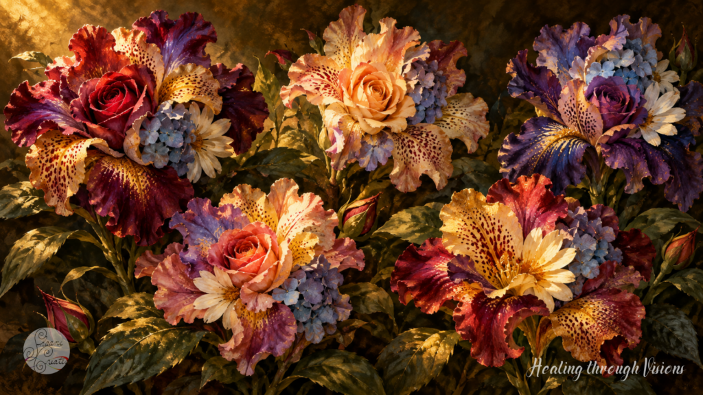 Five flowers combining rose centers, ruffled petals, speckled lilies and blue hydrangea clusters glow in golden light against dark green foliage.