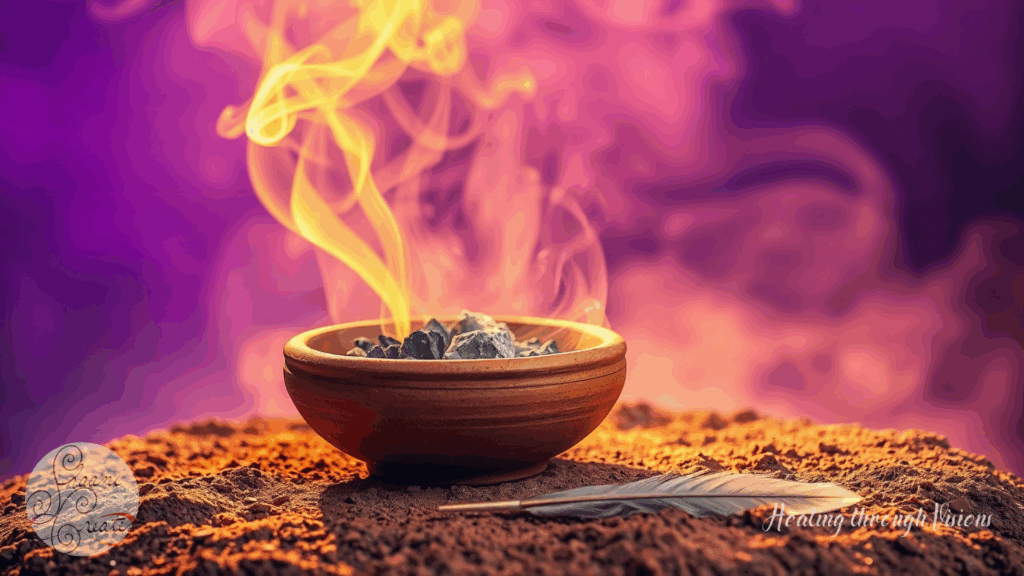 A clay bowl rests on rich soil, smoke rising in vibrant waves of gold and purple. Beside it lies a feather, symbol of air and spirit, amplifying the sacredness of the ritual. The deep purple backdrop feels mystical and powerful, embodying transformation. This image captures the essence of devotion, offering, and letting go with grace.