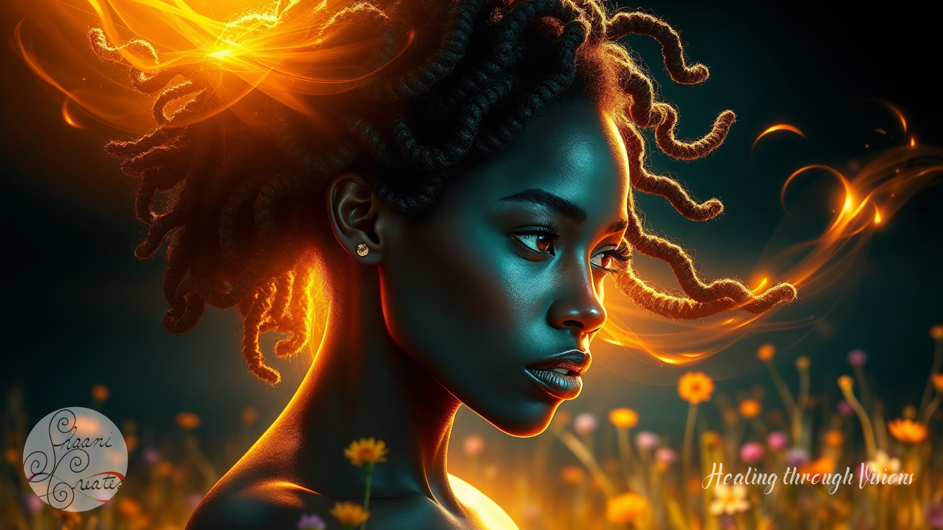 Bathed in the golden glow of living energy, a radiant Black woman stands in a field of wildflowers, her presence both fierce and tender. Her locs curl and twist like sacred currents, each one traced with streams of molten light that swirl around her as if obeying an unseen command. The warm radiance at her back meets the cool, moonlit shimmer of her skin, creating a dance of contrast that feels timeless. Her gaze is steady and unshakable, fixed on something beyond the visible, as if reading the currents of existence itself. The air around her hums with movement, the scent of sun-warmed blossoms mixing with the electric tang of magic. She does not chase time. She shapes it, each breath guiding the threads, each intention pulling them into harmony.