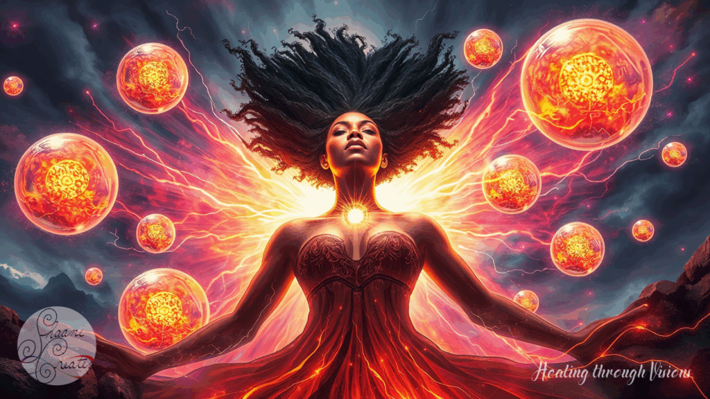 A radiant Black woman stands in centered stillness, eyes gently closed, surrounded by glowing golden spheres that ripple outward like protective waves. Energy flows through her body and hair in visible currents—beginning at her crown and cascading down her spine, arms, and legs, then spiraling through her feet into the Earth. These glowing strands resemble the early formation of roots—delicate yet determined—stretching deep into the soil below, drawing power from the Earth’s core. Each current pulses with intention, weaving a sacred force field around her that feels both ancient and alive. The space around her responds, shimmering in quiet reverence, as she stands in the fullness of her energetic sovereignty.