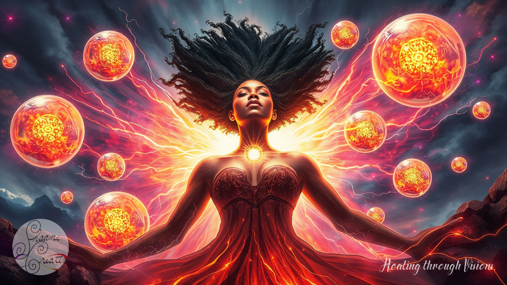 A radiant Black woman stands in centered stillness, eyes gently closed, surrounded by glowing golden spheres that ripple outward like protective waves. Energy flows through her body and hair in visible currents—beginning at her crown and cascading down her spine, arms, and legs, then spiraling through her feet into the Earth. These glowing strands resemble the early formation of roots—delicate yet determined—stretching deep into the soil below, drawing power from the Earth’s core. Each current pulses with intention, weaving a sacred force field around her that feels both ancient and alive. The space around her responds, shimmering in quiet reverence, as she stands in the fullness of her energetic sovereignty.