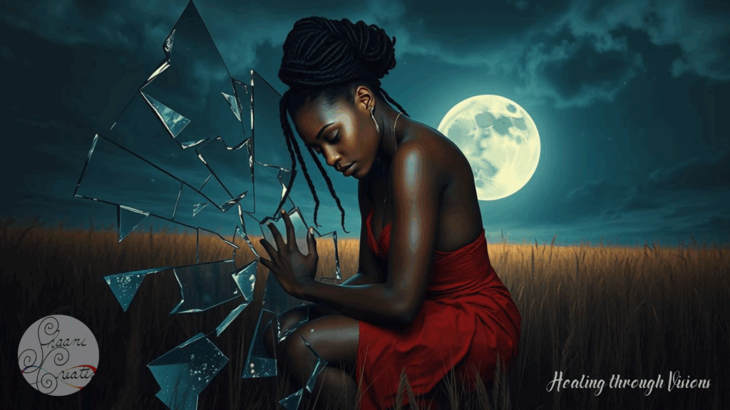 A Black woman kneels in a moonlit field, draped in a deep red dress that flows like living memory. Before her, suspended in mid-air, a shattered mirror hovers—its jagged shards reflecting not just her face, but subtle variations of it, as if pulling from parallel timelines. Some fragments shimmer with distorted symbols, others echo scenes that no longer exist in this reality. Her expression is calm, reverent, as if she knows she’s not broken—she’s remembering across dimensions. Above her, a full moon glows like a portal, illuminating the veil between versions of truth. This moment captures the soul of the Mandela Effect: a sacred encounter with what was, what is, and what still might be.