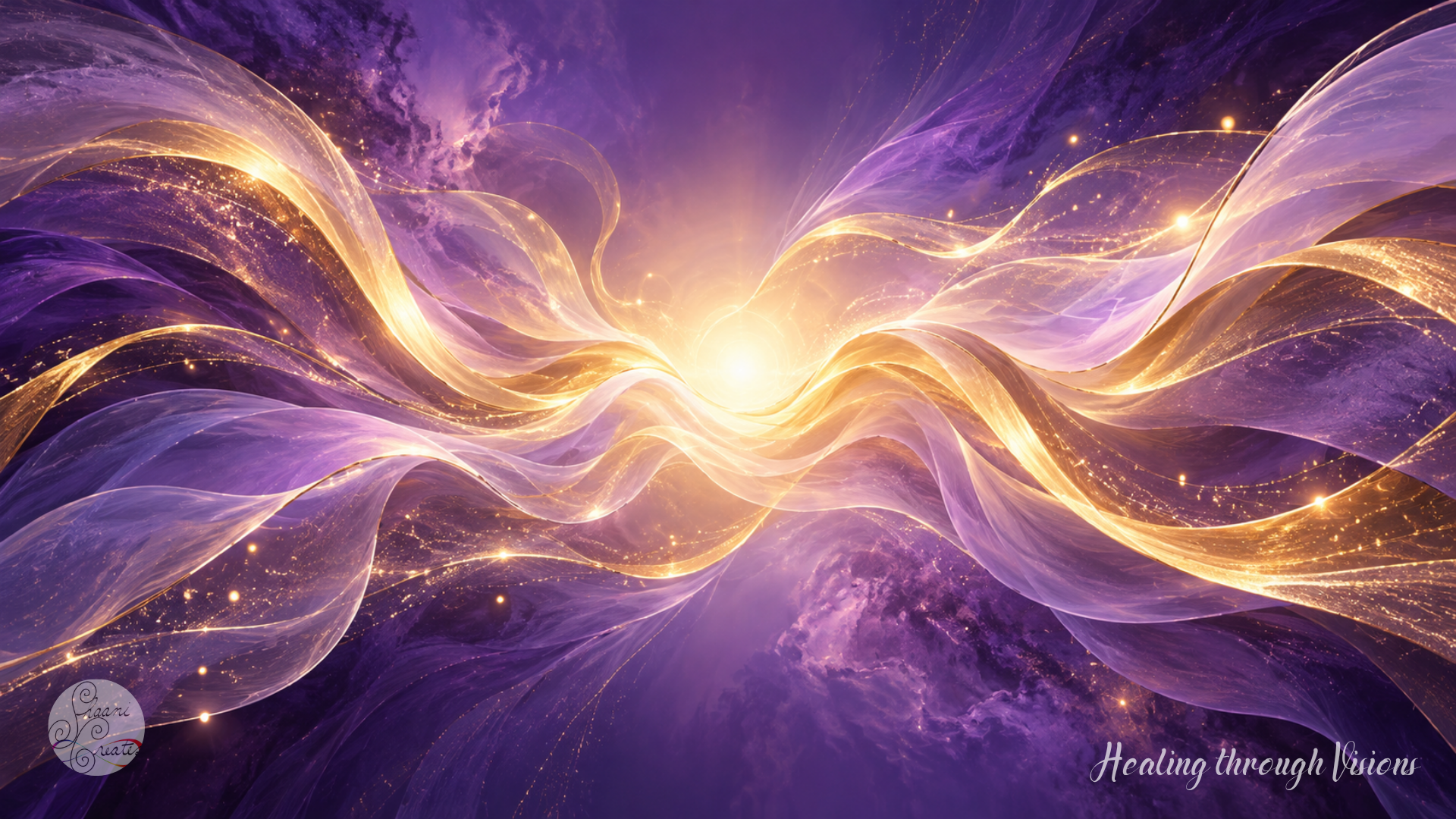 Golden ribbons and translucent lavender swirls flow around a warm ivory glow against a deep violet background.