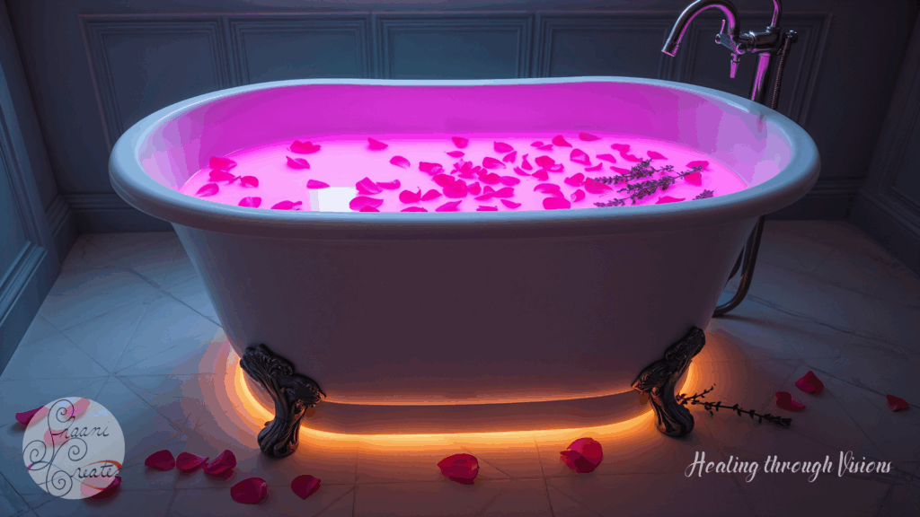 A luxurious white clawfoot bathtub stands on a pale marble floor, its elegant black ornamental feet grounding it in timeless beauty. The tub is filled with warm water illuminated in a radiant pink hue that seems to pulse with softness and sensuality. The surface is adorned with scattered fuchsia rose petals and a delicate sprig of lavender, their fragrance almost tangible in the still air. A soft amber glow radiates from beneath the tub, casting a halo of golden warmth onto the floor and mingling with the magenta light of the water. Loose petals trail across the marble, guiding the eye toward the tub like an unspoken invitation. The surrounding walls, painted in muted blue-gray, create a serene backdrop that makes the colors of the bath feel even more vivid. The entire scene feels like stepping into a sacred sanctuary for self-love, where each detail whispers of tenderness, beauty, and the healing power of intentional care.
