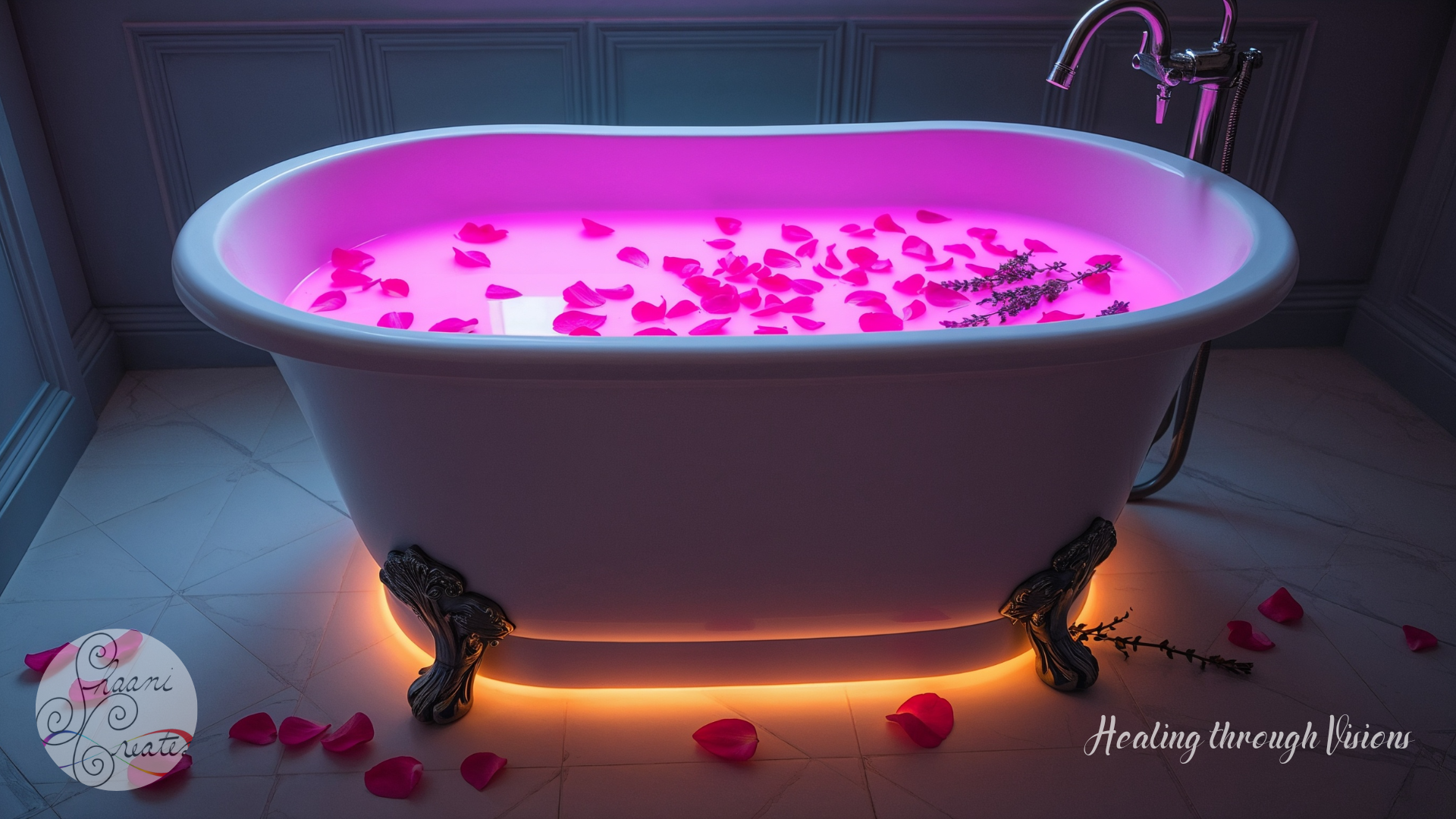 A luxurious white clawfoot bathtub stands on a pale marble floor, its elegant black ornamental feet grounding it in timeless beauty. The tub is filled with warm water illuminated in a radiant pink hue that seems to pulse with softness and sensuality. The surface is adorned with scattered fuchsia rose petals and a delicate sprig of lavender, their fragrance almost tangible in the still air. A soft amber glow radiates from beneath the tub, casting a halo of golden warmth onto the floor and mingling with the magenta light of the water. Loose petals trail across the marble, guiding the eye toward the tub like an unspoken invitation. The surrounding walls, painted in muted blue-gray, create a serene backdrop that makes the colors of the bath feel even more vivid. The entire scene feels like stepping into a sacred sanctuary for self-love, where each detail whispers of tenderness, beauty, and the healing power of intentional care.