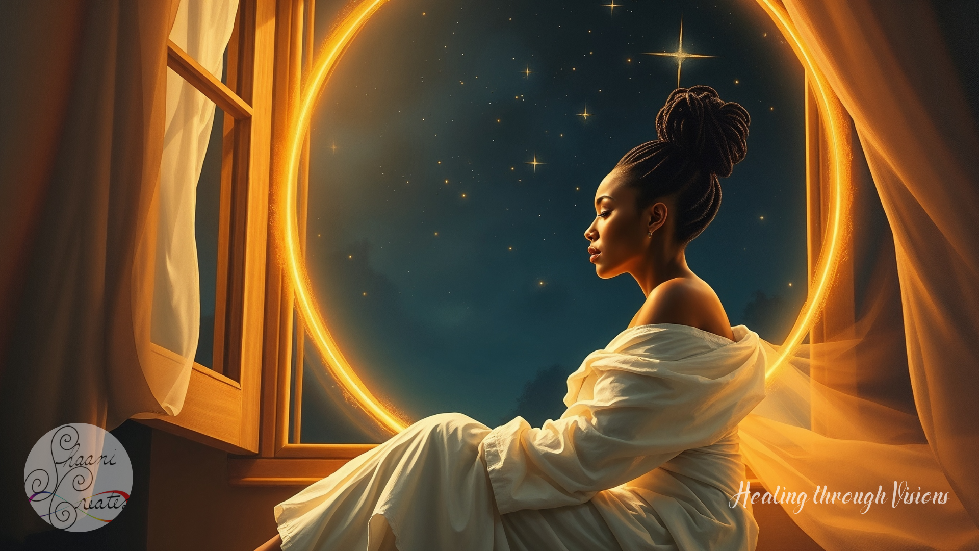 A Black woman sits peacefully by an open window at night, wrapped in flowing white fabric. A glowing golden circle of light surrounds her like a protective aura, while stars shine brightly in the sky behind her. The curtains drift gently in the breeze, creating a sense of calm movement. The scene radiates clarity, sovereignty, and spiritual protection.