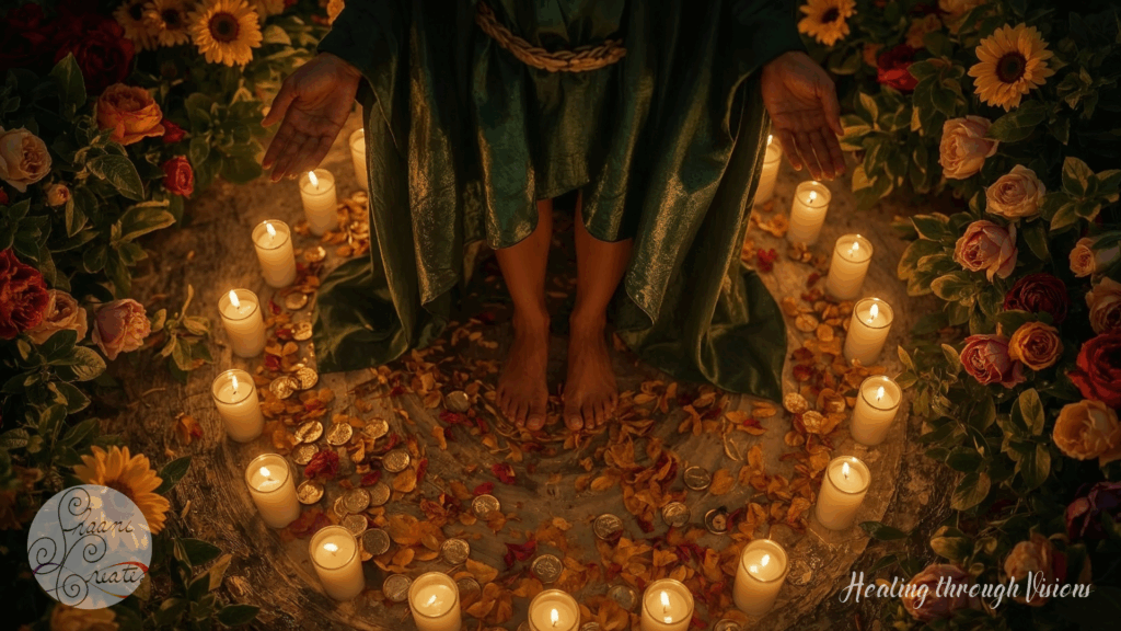 A sacred moment captured in detail. A Black woman stands barefoot in a circle of glowing candles, surrounded by sunflowers, roses, and petals of marigold and jasmine. Gold coins and dried herbs rest at her feet. Her emerald robe spills onto the earth as her open hands extend in silent offering. The scene pulses with warmth, reverence, and divine receptivity. This is abundance rooted in truth. This is what it means to say yes to more.