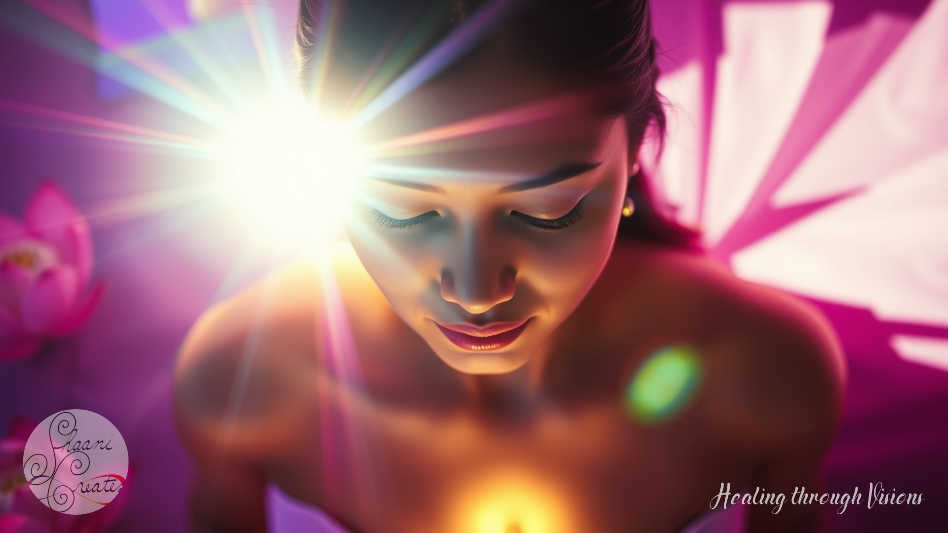 A radiant Asian woman sits in quiet reverence, eyes closed and heart open, embodying the essence of Guan Yin. Golden and violet light streams from her chest and forehead, creating an ethereal glow that pulses with healing intention. A soft field of pink lotus petals surrounds her, symbolizing compassion and rebirth. Flows of magical light spiral gently through her aura, illuminating the moment of release as she calls her energy home. The atmosphere feels still, sacred, and powerful—an energetic return to self.