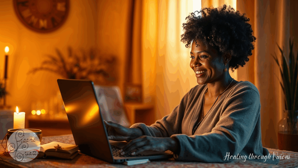 A joyful Black woman sits in a warmly lit room, smiling with radiant presence as she connects through her laptop. A lit candle, journal, and sound bowl rest beside her, creating a sacred container for intuitive work. The golden ambiance reflects deep trust, clarity, and guidance unfolding in real time. This image captures the essence of a Visionary Guidance session—sacred connection, intuitive flow, and the light of inner knowing.