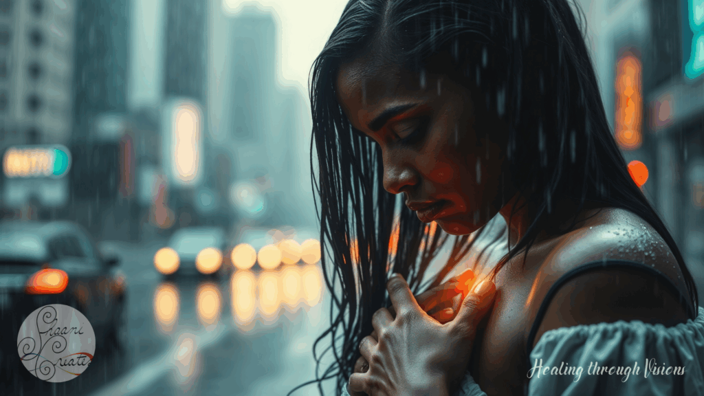 A Black woman stands still in the rain as the city moves around her, eyes closed, both hands pressed to her chest. Rain streaks her skin and hair, but her energy is calm—centered. A soft orange light glows from beneath her hands at the heart center, symbolizing emotional warmth, inner peace, and spiritual protection. The blurred city lights behind her echo the intensity of the external world, while she remains grounded and inwardly connected. This image reflects the essence of Ho’oponopono as a practice of energetic detachment, nervous system regulation, and returning to love within chaos.