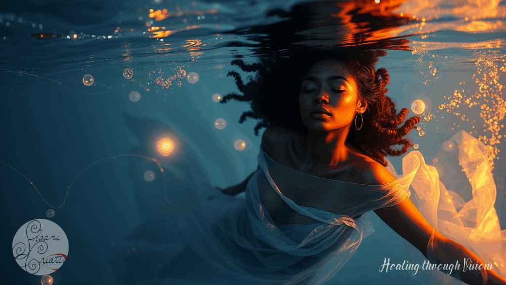 A Black woman floats underwater, wrapped in flowing translucent fabric that moves like spirit. Her head tilts back slightly, eyes closed in soft surrender. Glowing orbs rise around her, casting gentle light across her skin. Her body language speaks of deep trust—held, protected, and entirely unhurried.