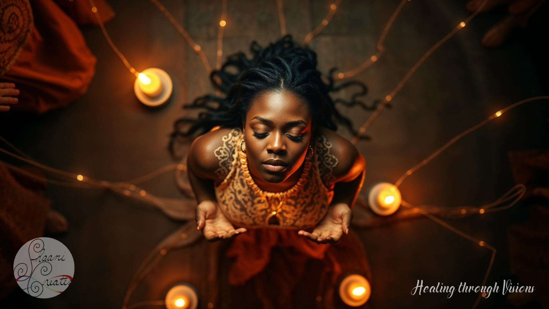 A radiant Black woman sits in stillness, eyes closed, surrounded by glowing candles and delicate strands of light extending outward from her body like threads of connection. Her palms face upward in quiet offering, hair spread like a crown behind her. The scene glows with reverence and remembrance, embodying the unseen yet deeply felt nature of energetic bonds, ancestral wisdom, and spiritual sovereignty.