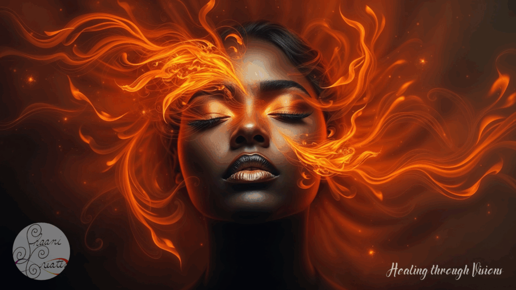 A striking Black woman stands with eyes closed, face calm and empowered, as blazing currents of golden-orange energy swirl around her crown and flow from her third eye. The fire moves like thought and spirit combined—alive, intelligent, and sacred. Her skin glows with radiant strength, and her expression holds the stillness of deep knowing. This image captures the alchemy of Energy Alignment at its peak—the precise moment when inner flow ignites and dormant power reawakens.