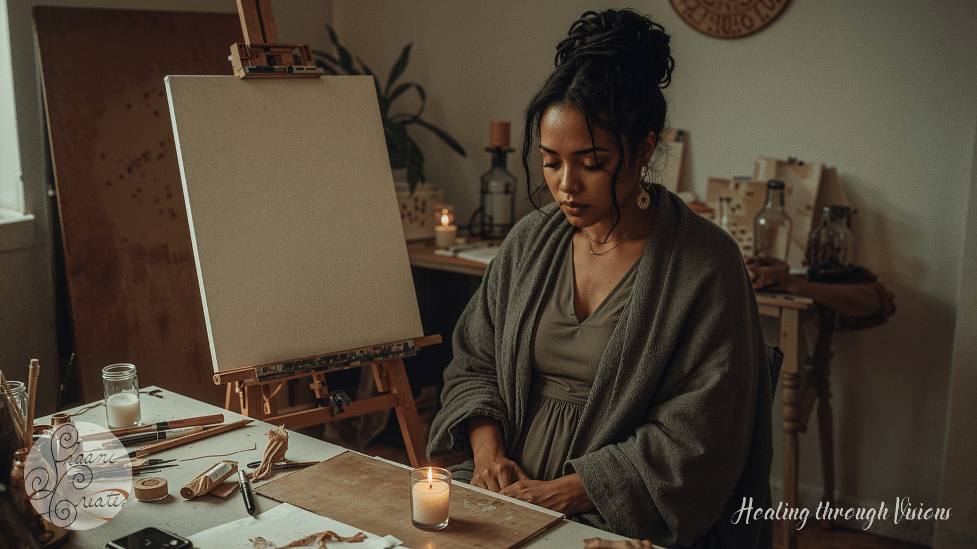A woman sits quietly at a well-worn desk, wrapped in a soft robe, her feet and hands gently covered. Her posture leans inward—not in defeat, but in surrender. A single candle flickers between her and a blank canvas, illuminating her face in soft, golden light. Around her, scattered art supplies speak of ideas not yet spoken, truths not yet painted. The space holds stillness, grief, and grace. This is the moment between letting go and beginning again—the sacred pause where shadow meets breath, and presence becomes ritual.