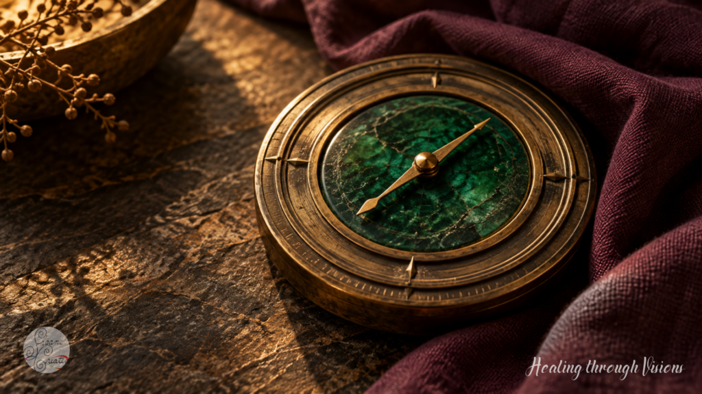 Emerald compass with concentric brass rings resting on textured stone beside deep plum linen in warm golden light.