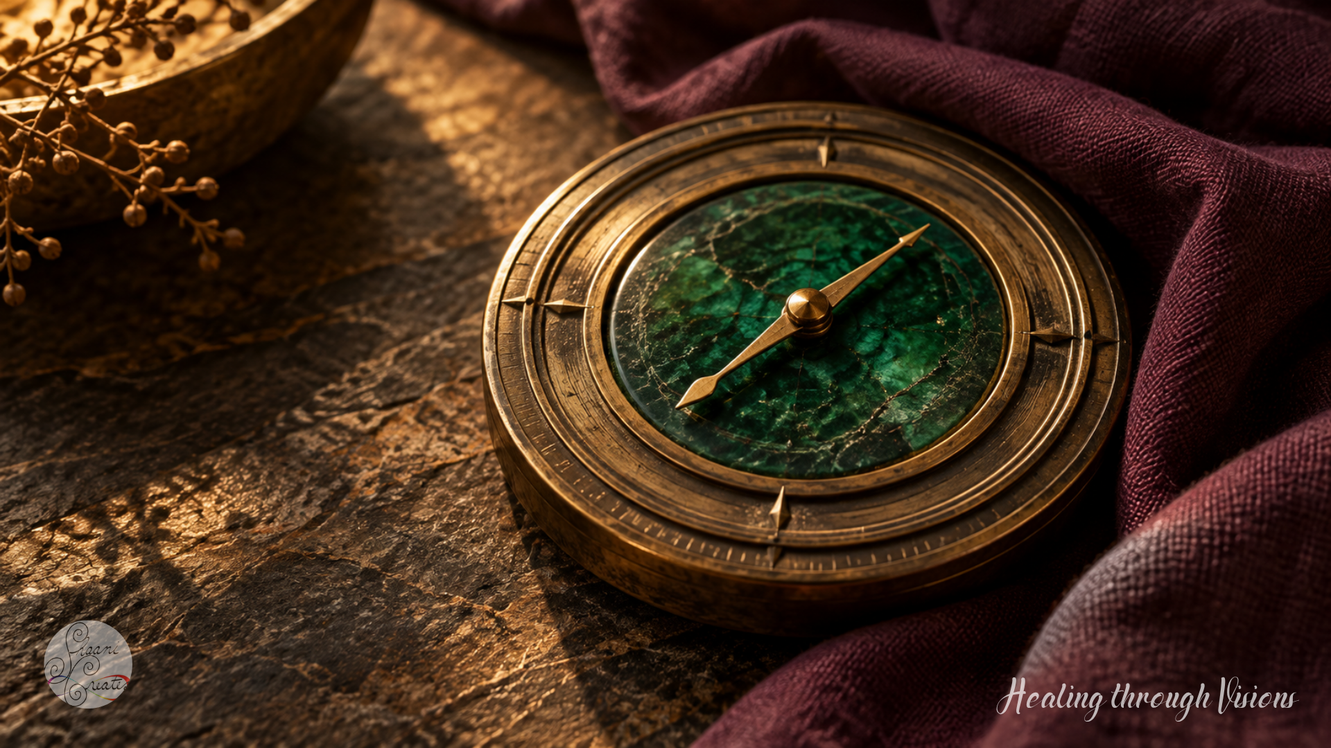 Emerald compass with concentric brass rings resting on textured stone beside deep plum linen in warm golden light.