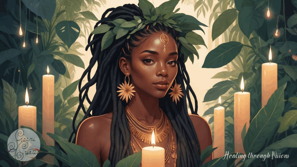A poised Black woman stands in quiet reverence, surrounded by candlelight and enveloped in deep greenery that feels more ancient than wild. Her locs cascade like woven stories, crowned with leaves that echo her bond with the Earth and the unseen. Gold jewelry rests against her skin like ritual, not decoration—each piece a symbol of lineage, sovereignty, and remembrance. The air feels thick with intention, not noise. She doesn’t demand attention—she holds it. Her eyes meet yours with the knowing of someone who has walked through many veils and returned whole. This image reflects the energy of Healing through Visions: sacred presence, spiritual mastery, and the unwavering power of becoming.