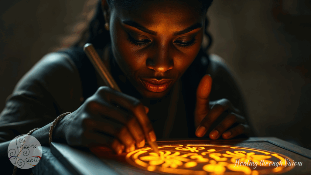 A Black woman leans in close, her brow furrowed in reverence as her hands trace glowing symbols into a circular slab lit from within. The warm golden light rises from the pattern like memory made visible, casting soft reflections across her focused face. Each stroke is intentional, each line a prayer. This is ancestral magic—structured, sacred, and alive in her hands.
