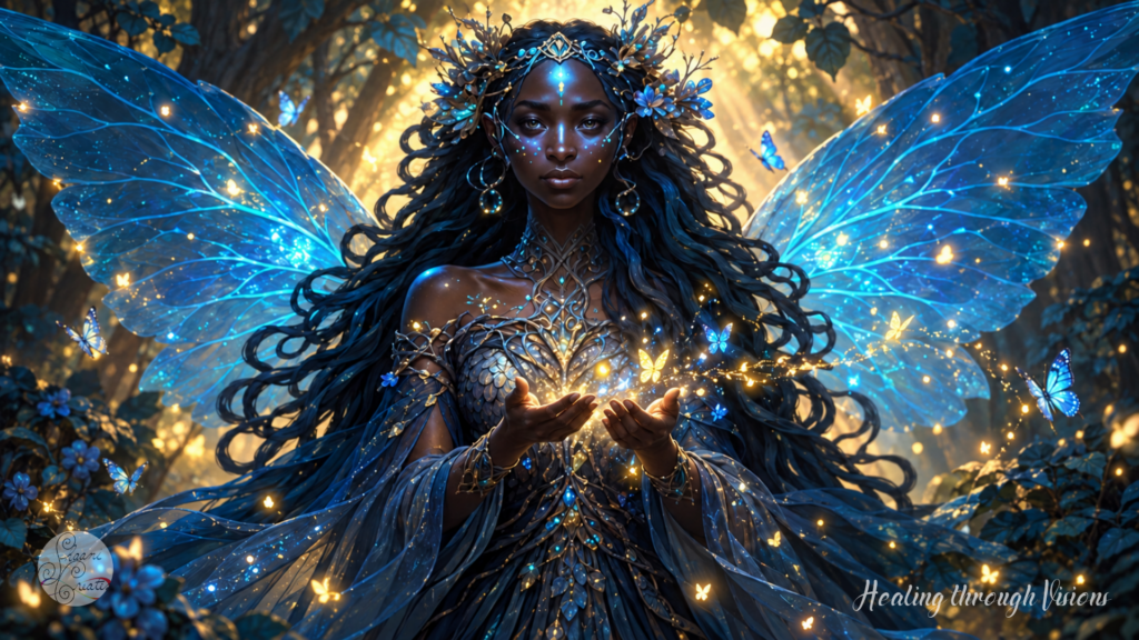 Black Fae woman with luminous blue butterfly wings holds open hands beneath glowing butterflies and golden light in an enchanted forest.