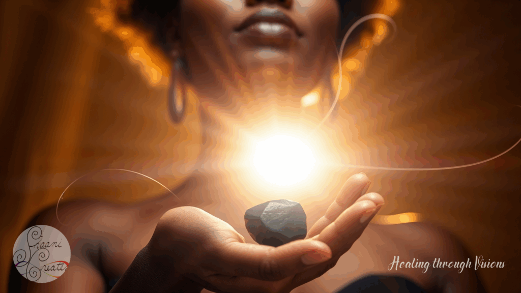 A Black woman holds a Jet crystal in her open palm as golden light radiates outward, filling the air with warmth and strength. The stone glows with protective energy, symbolizing grounding, resilience, and transformation. Her presence conveys calm and power, embodying the spiritual connection between crystal, body, and ancestral wisdom. The scene reflects the essence of Jet as a companion for protection, presence, and resilience.