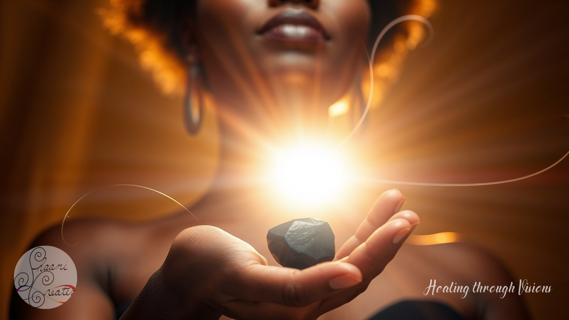 A Black woman holds a Jet crystal in her open palm as golden light radiates outward, filling the air with warmth and strength. The stone glows with protective energy, symbolizing grounding, resilience, and transformation. Her presence conveys calm and power, embodying the spiritual connection between crystal, body, and ancestral wisdom. The scene reflects the essence of Jet as a companion for protection, presence, and resilience.