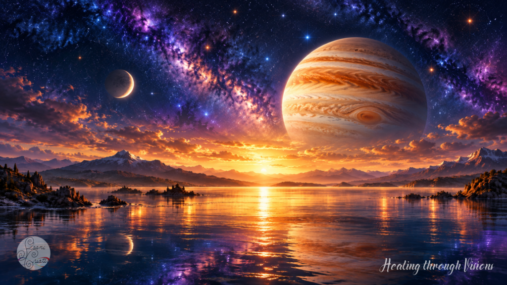 Jupiter and a Crescent Moon in an indigo sky above mountains and a lake reflecting golden horizon light.